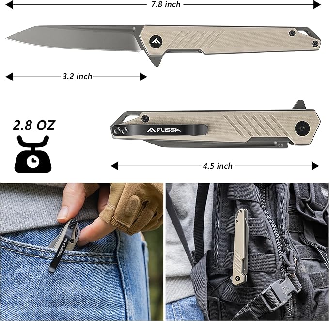 FLISSA Folding Knife, Pocket Knife with D2 Steel Blade, G10 Handle, Pocket Clip, Lightweight for