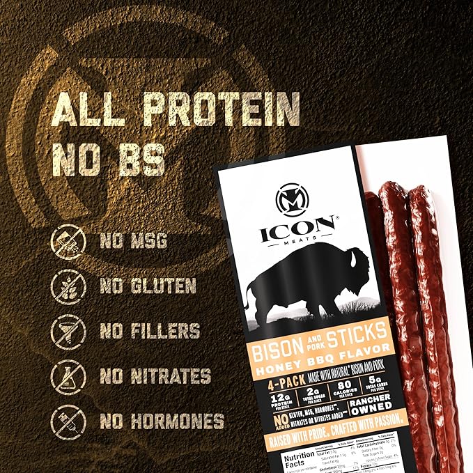 ICON Meats Bison and Pork Snack Sticks - Honey BBQ Flavor - 6 Packs Per Box, 4 Sticks Per Pack, All