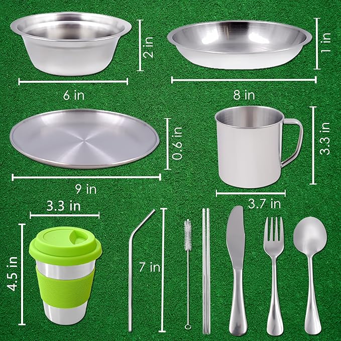 Acelane Camping Mess Kit Camping Plates Dishes Stainless Steel Camping Utensils Set Tableware