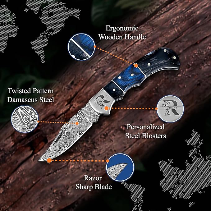 Set of 6 - Personalized Damascus Pocket Knife for Groomsmen -With Leather Sheaths - Custom Engraved