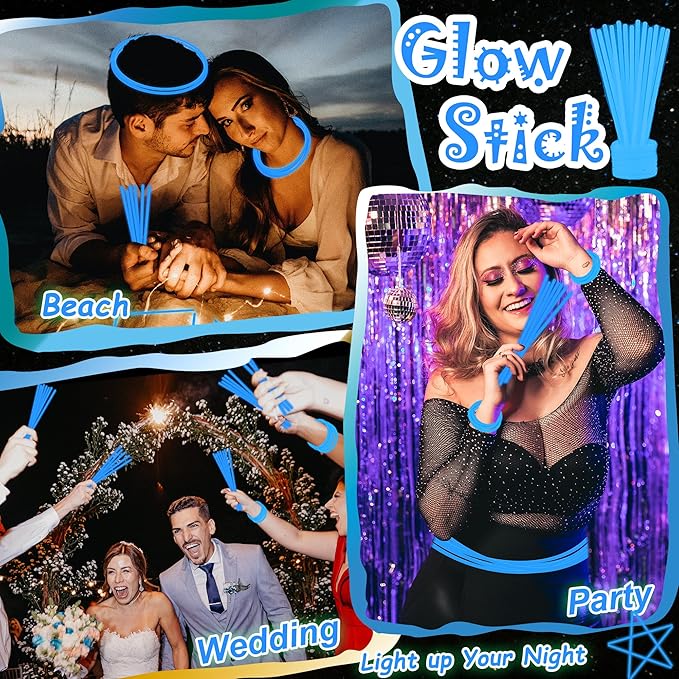 ILHSTY 100 pk 8'' Blue Glow Sticks Glow Necklaces In The Dark Party Favor Supplies Bright