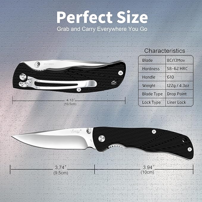 Vickay Pocket Knife for Men, Folding Knife with Clip, 3.74-inch 8Cr13MoV Steel Blade, G10 Handle
