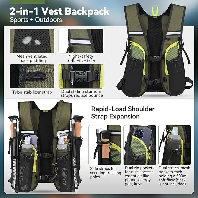 MARCHWAY Lightweight Hydration Backpack with Vest Style Straps & 2.5L TPU Water Bladder, Versatile