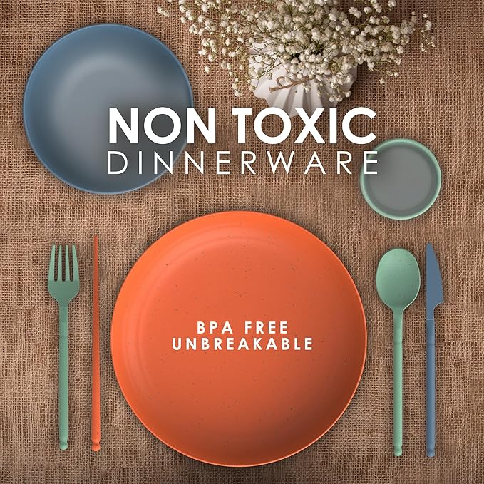 Wheat Straw Dinnerware Sets For 4 - Camping Plates Cups And Bowls Set - Dishwasher Microwave Safe