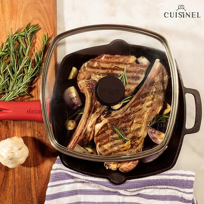 Cuisinel Cast Iron Grill Pan + Rectangular Cast Iron Grill Press + Tempered Glass Lid + Pan Scraper
