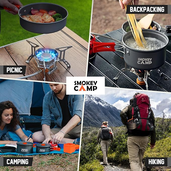 Camping Cookware Mess Kit Set with Stove - Backpacking Camping Pots and Pans Set, All in One