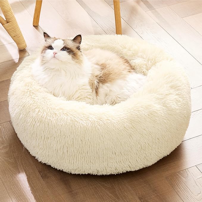 Bedsure Calming Cat Beds for Indoor Cats - Small Cat Bed Washable 20 inches, Anti-Slip Round Fluffy