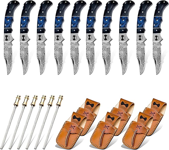 Set of 10 - Personalized Damascus Pocket Knife for Groomsmen -With Leather Sheaths - Custom