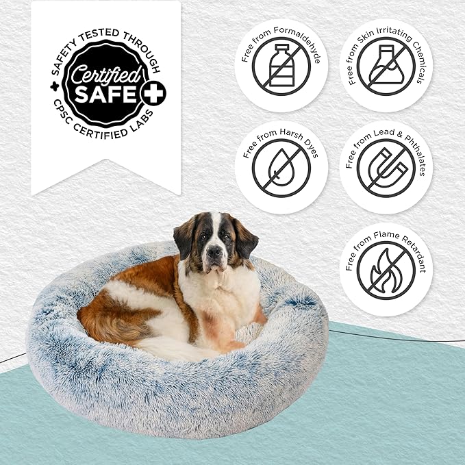 Best Friends by Sheri Original Calming Donut Dog and Cat Bed, Shag Faux Fur, Denim Blue, XL (45in x