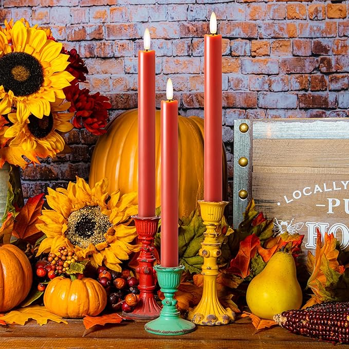 Terra Cotta Flameless Taper Candles with Remote and Timer, 6 Pack LED Candlesticks, 10 Inch Fall