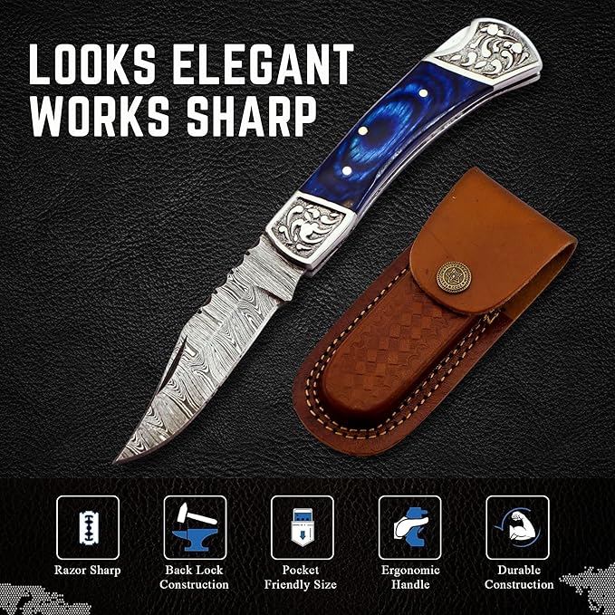 Handmade Damascus Pocket Knife for Men - 7.2 Inches Engraved Steel Damascus Folding Pocket Knife