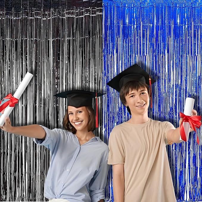Foil Fringe Curtain Party Decorations - Black Blue Metallic Tinsel Photo Booth Backdrop Party