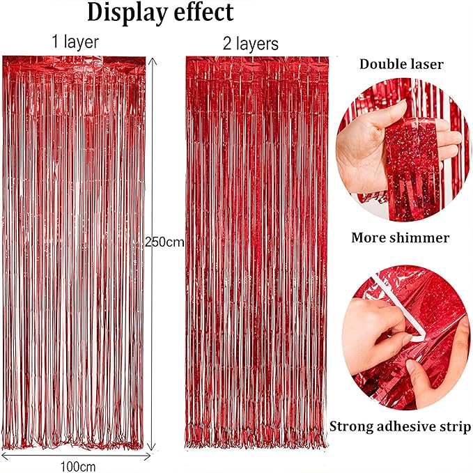 BRAVESHINE Tinsel Foil Fringe Curtains - 2 Pack 3.2 x 8.2 ft Metallic Photo Booth Streamer