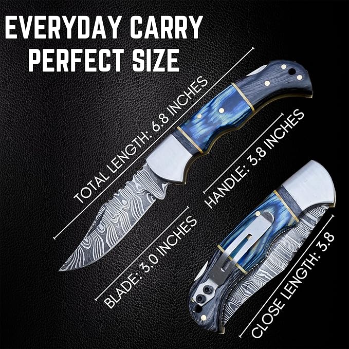 Handmade Damascus Pocket Knife for Men - 6.5 Inches Damascus Folding Pocket Knife with Clip Belt