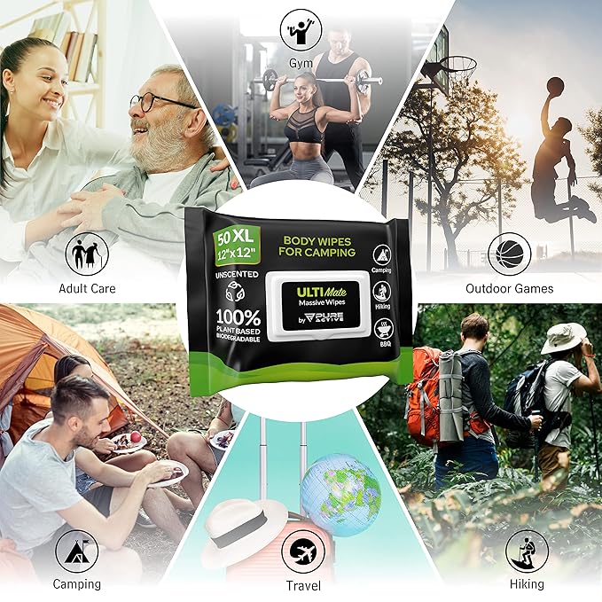 Body Wipes for Camping 50 XXL Camping Wipes 12''x 12'', Shower Body Wipes for Camping, Body and