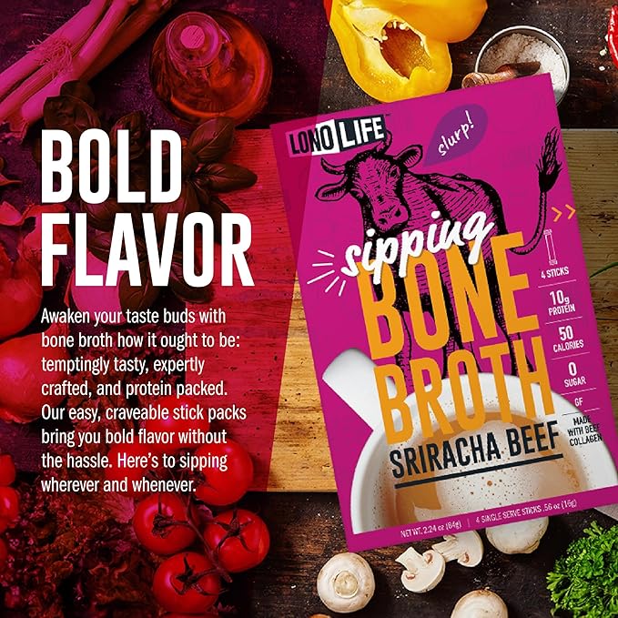 LonoLife Sriracha Beef Bone Broth Powder Mix | Grass-Fed, 10g Protein | Collagen-Rich, Keto & Paleo
