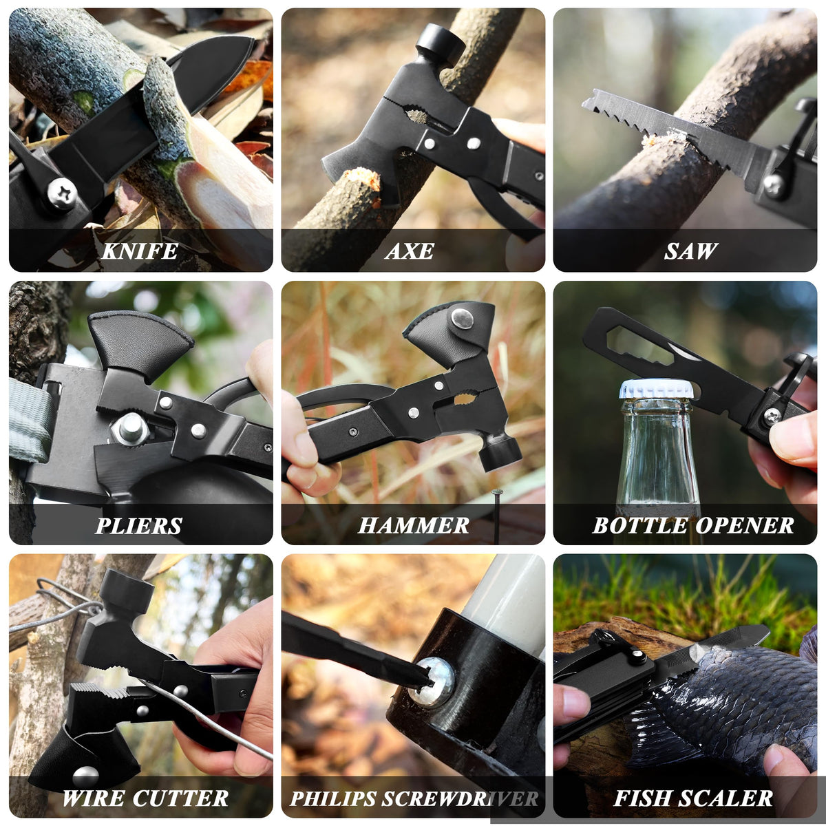 RoverTac 14-in-1 Multitool Camping Axe – Multi Tool with Knife, Hammer, Saw, Screwdrivers, Bottle