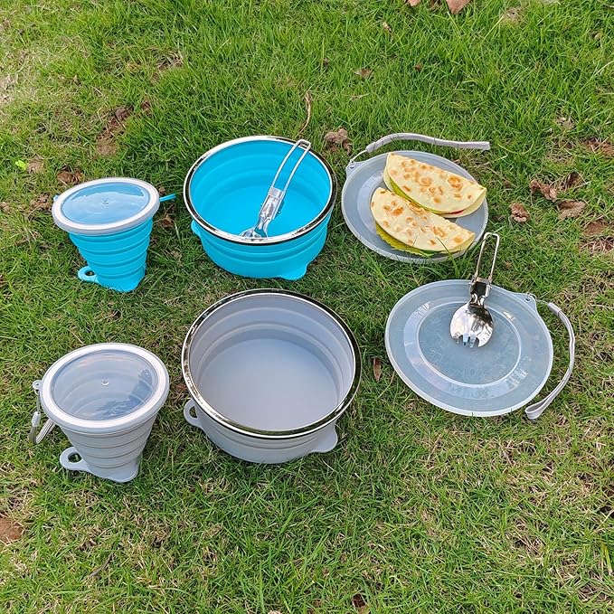 Mess Kit for Camping Silicone Collapsible Bowl Collapsible Cup and Stainless Steel Spoon for