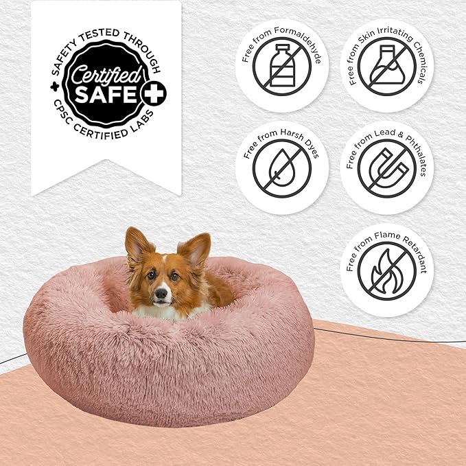 Best Friends by Sheri Original Calming Donut Dog and Cat Bed, Shag Faux Fur, Dusty Rose, (30in x