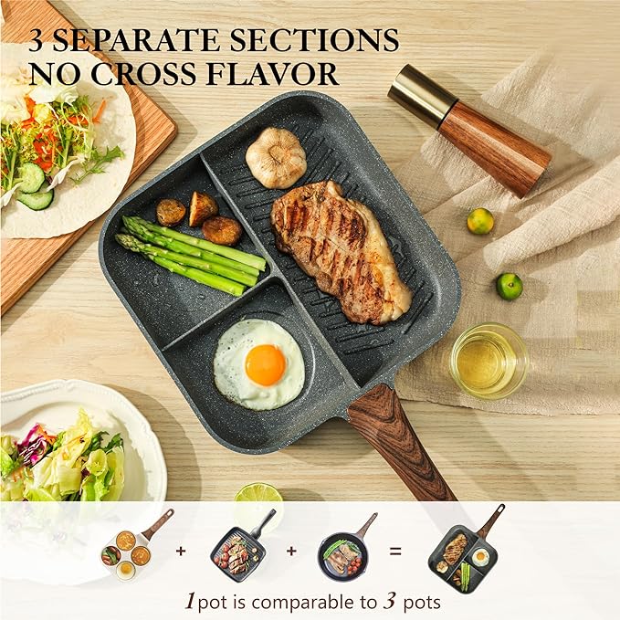 Sensarte Nonstick 11-Inch Square Grill Pan, 3-Section Versatile Breakfast Skillet, Die-cast