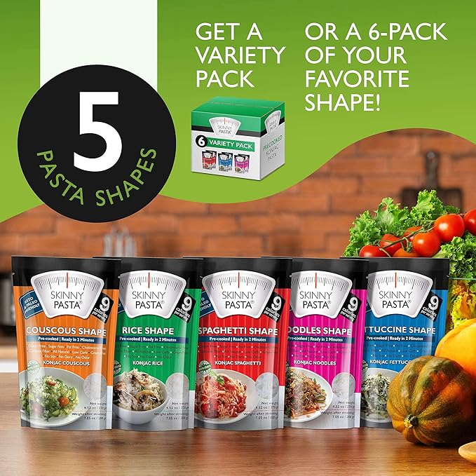 SKINNY PASTA Variety Pack - Healthy Konjac Shirataki Noodles, Low Carb Keto Pasta, Gluten Free, 6