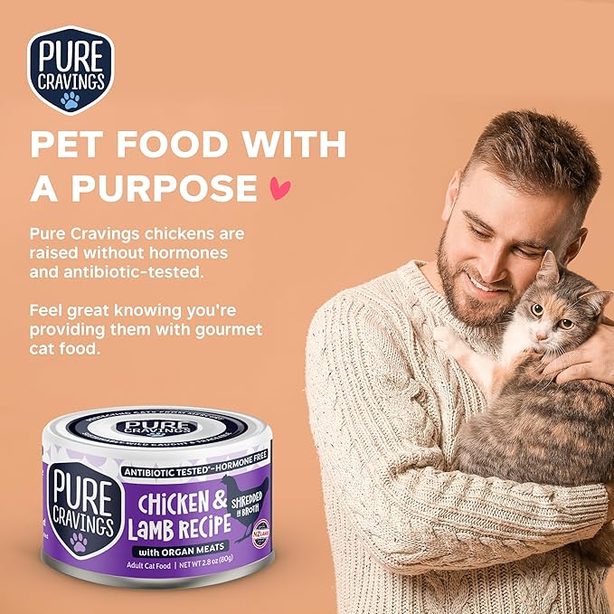 Pure Cravings Chicken and Lamb Recipe in Broth, Shredded Wet Cat Food, Grain-Free Protein, Non-GMO