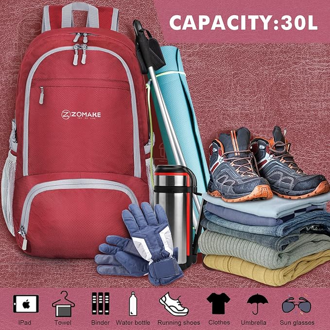 ZOMAKE Lightweight Packable Backpack 30L, Foldable Hiking Backpacks Water Resistant Compact Folding