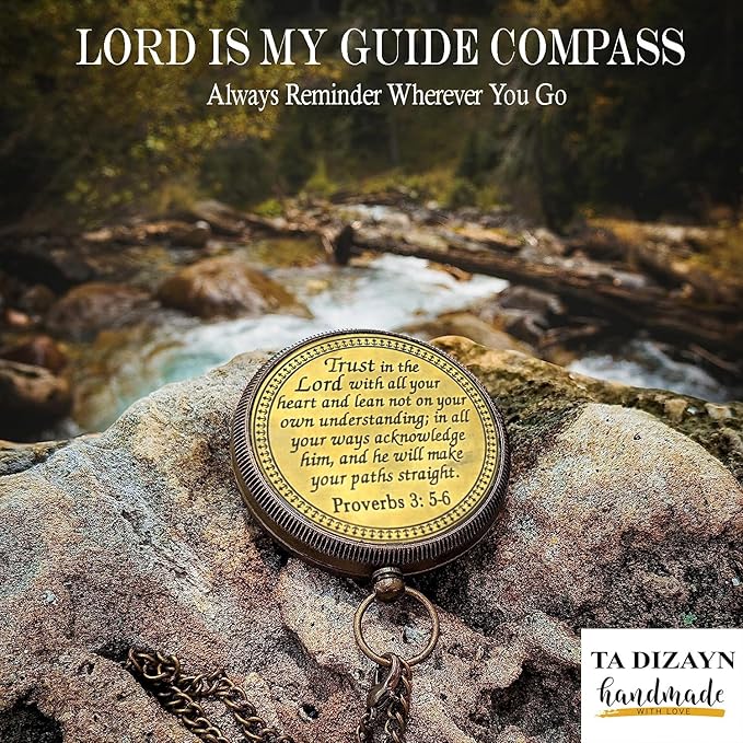 Trust in The Lord With All Your Heart - Proverbs 3:5-6 Quote Engraved Compass With Wooden Box