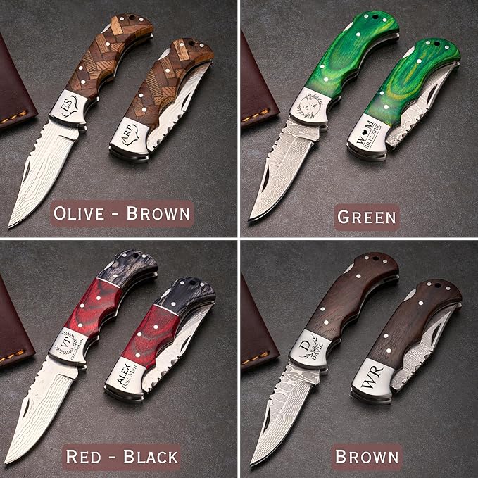Personalized Folding Knife - Damascus Olive-Brown Pocket Knife, Custom Gift for Husband, Boyfriend
