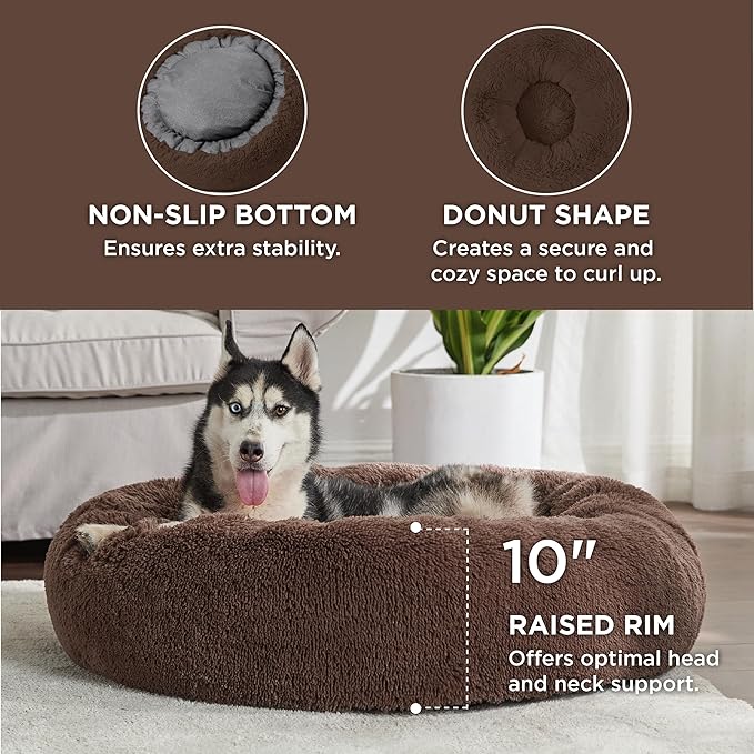 Bedsure Calming Dog Bed for Large Dogs - Donut Washable Large Pet Bed, 36 inches Anti-Slip Round