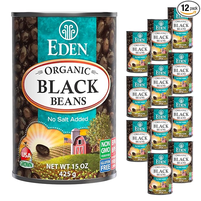 Eden Organic Black Beans, 15 oz Can (12-Pack Case), No Salt Added, Non-GMO, U.S Grown, Heat and