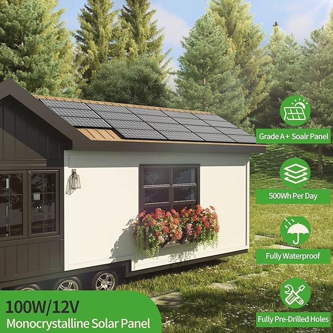 JJN 200 Watt Solar Panels, 10BB Monocrystalline 12V 2PCS 100W Solar Panel, 23% High Efficiency PV