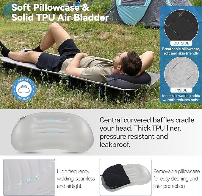 MARCHWAY Ultralight Inflatable Camping Pillow with Soft Washable Cover, Compact Compressible