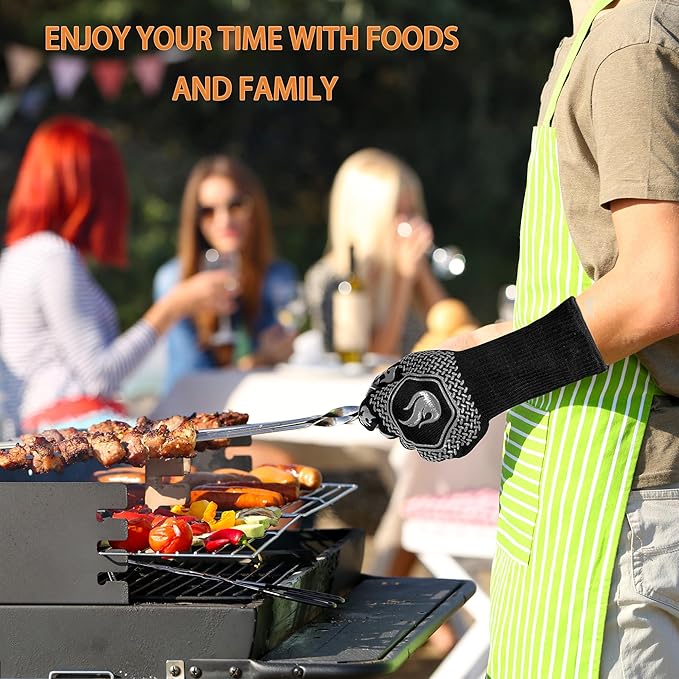 BBQ Fireproof Gloves, Grill Cut-Resistant Gloves 1472°F Heat Resistant Gloves, Non-Slip Silicone
