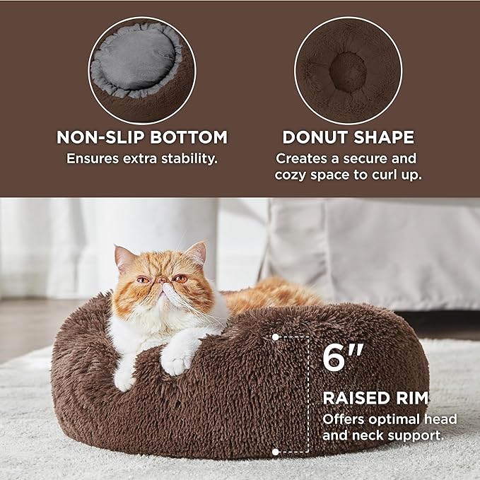 Bedsure Calming Cat Beds for Indoor Cats - Small Cat Bed Washable 20 inches, Anti-Slip Round Fluffy