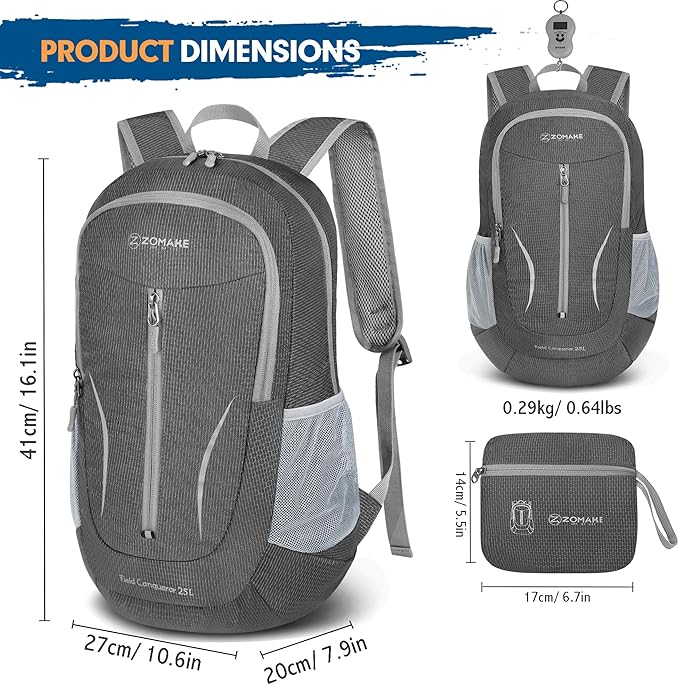 ZOMAKE Ultra Lightweight Packable Backpack 25L, Foldable Hiking Backpacks Water Resistant Small