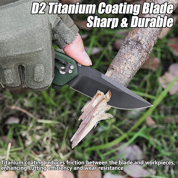 FLISSA Pocket Folding Knife, 3.2??D2 Blade G10 Handle EDC Knife with Button Lock and Pocket Clip