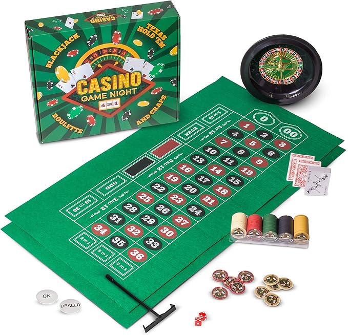 Brybelly Casino Night 4-in-1 Complete Game Set with Felts, Wheel, 100 Chips, Dice & Cards for