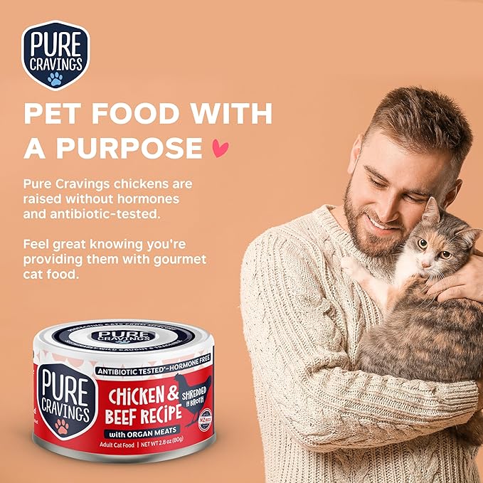 Pure Cravings Chicken and Beef Recipe in Broth, Shredded Wet Cat Food, Grain-Free Protein, Non-GMO