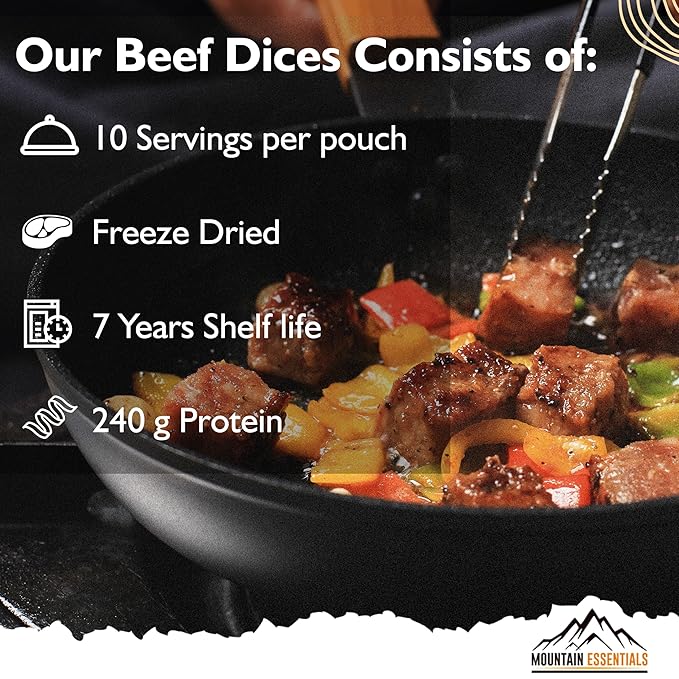 MOUNTAIN ESSENTIALS Freeze-Dried Diced Beef ??Fully Cooked Meat | Pre-Cooked | 240g High Protein
