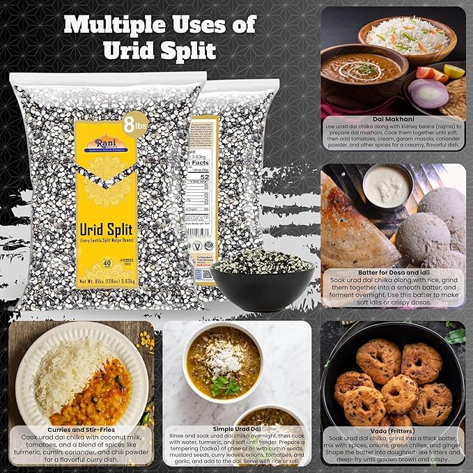 Rani Urid/Urad Split Chilka (Split Matpe Beans with Skin) Indian Lentils 128oz (8lbs) 3.63kg Bulk ~