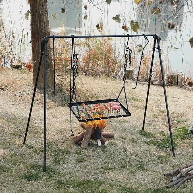REDCAMP Swing Campfire Grill Stand - Collapsible Campfire Cooking Rack with 6 Hooks & Iron Grill