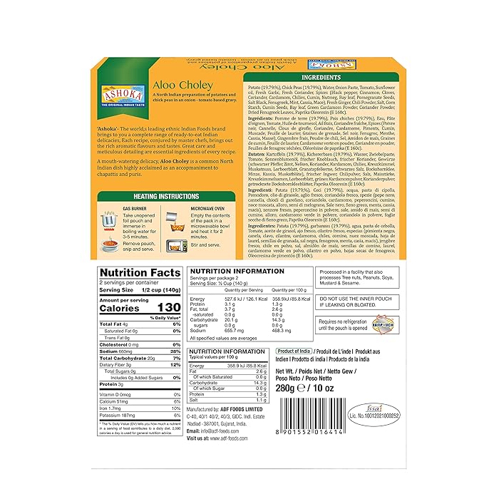 Ashoka Microwavable Meals 1932, Vegan Chickpeas & Potatoes, All-Natural, Kosher Certified, Heat &