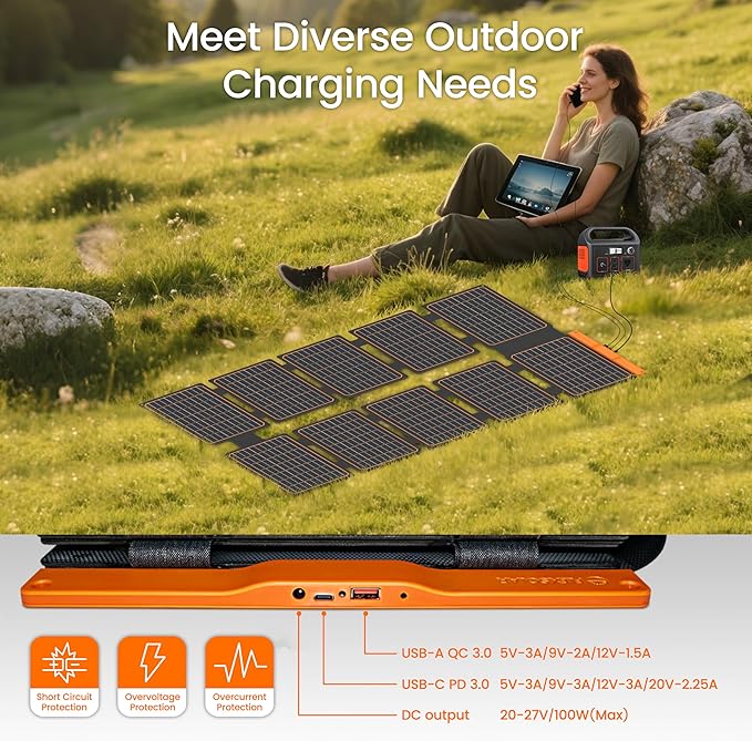 FlexSolar 100W Portable Solar Panels Chargers with PD3.0 USB-C,QC3.0 USB-A and DC Outputs Foldable