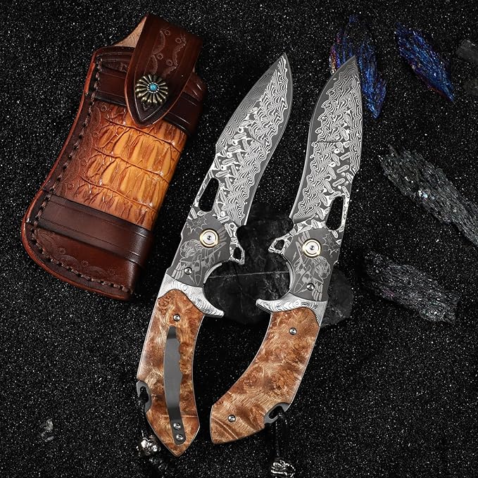 Damascus Steel Folding Pocket Knifeï¼?.6in Men's EDC knife，With leather sheath，pocket clip，Liner