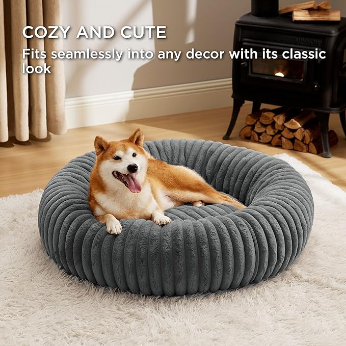 Bedsure Donut Large Dog Bed - Washable Faux Fur with Corduroy Fleece & Anti Slip Bottom, Round Pet