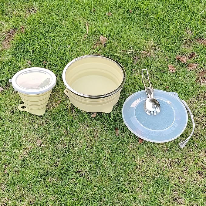 Mess Kit for Camping Silicone Collapsible Bowl Collapsible Cup and Stainless Steel Spoon for