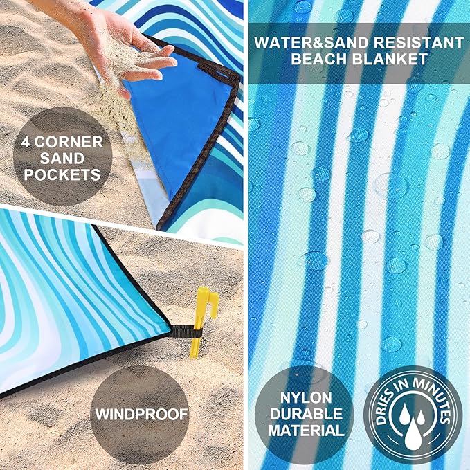 Beach Blanket Waterproof Sandproof Beach Mat 79" X 83"/10'x9'for 2-8 Adults Quick Drying Outdoor