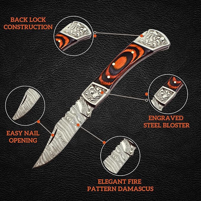 Handmade Damascus Pocket Knife for Men - 7.2 Inches Engraved Steel Damascus Folding Pocket Knife
