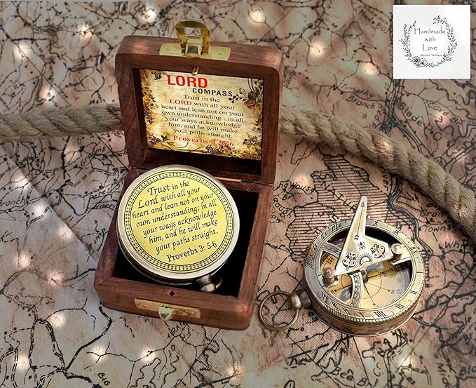 Trust in The Lord With All Your Heart - Proverbs 3:5-6 Quote Engraved Compass With Wooden Box